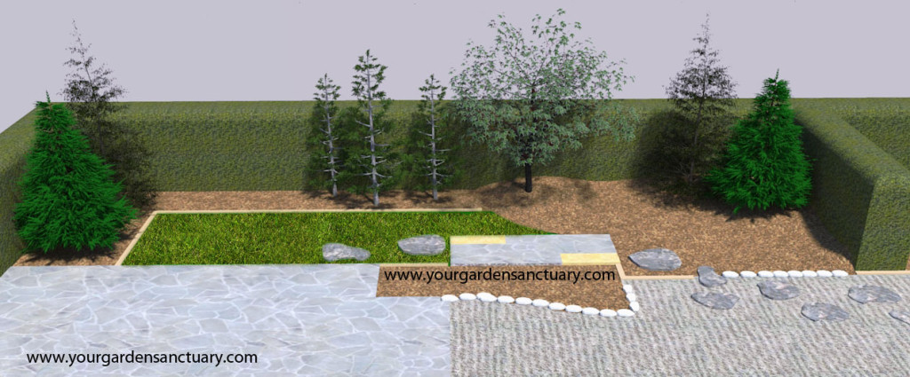 Backyard Japanese garden with dwarf Hinoki cypress added.